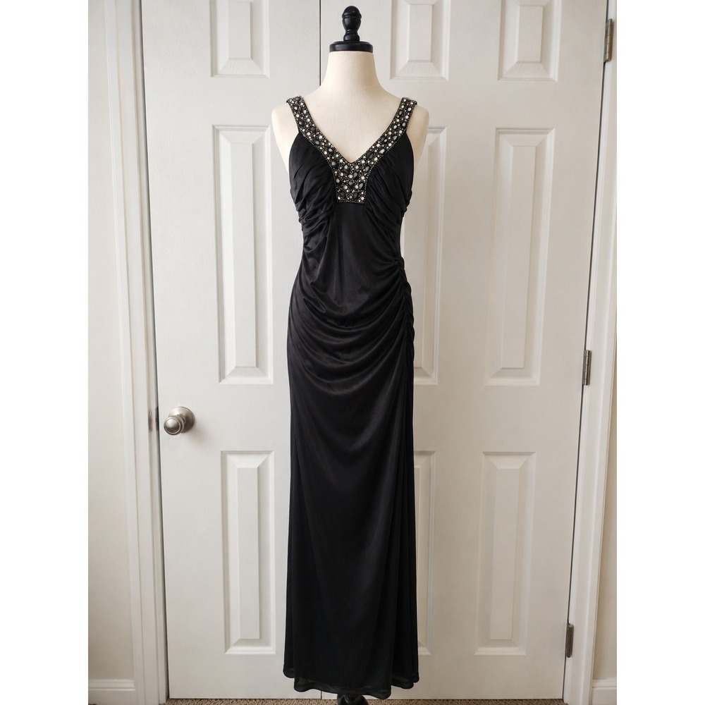 Charlotte Russe Maxi Dress Size 6 Black Satin Ruched Rhinestone Embellished Maxi